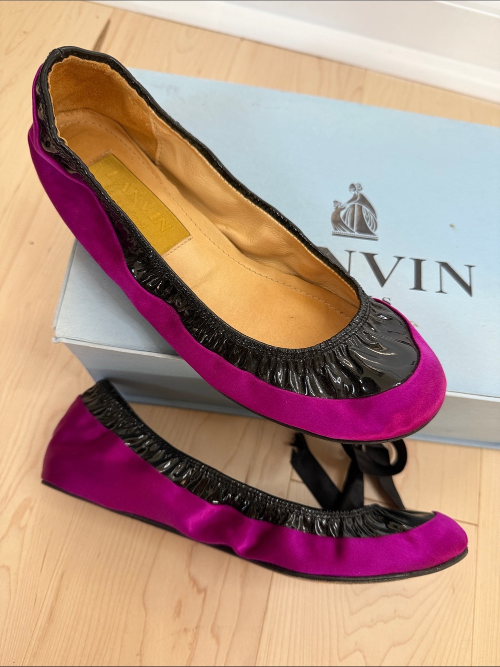 Lanvin Fuchsia Satin Silk Black Patent Leather Trim Ballet Flats 37